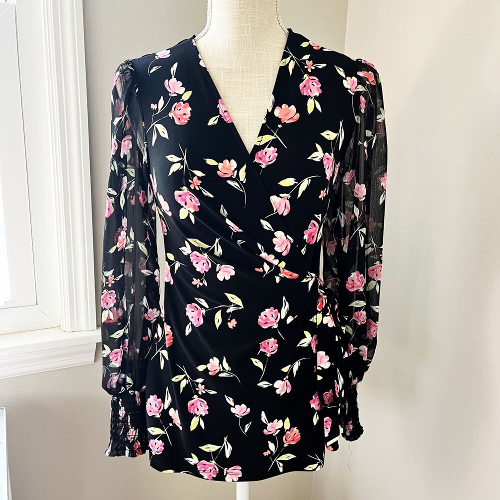 Anne Klein Pink & Black Floral Faux Wrap Top